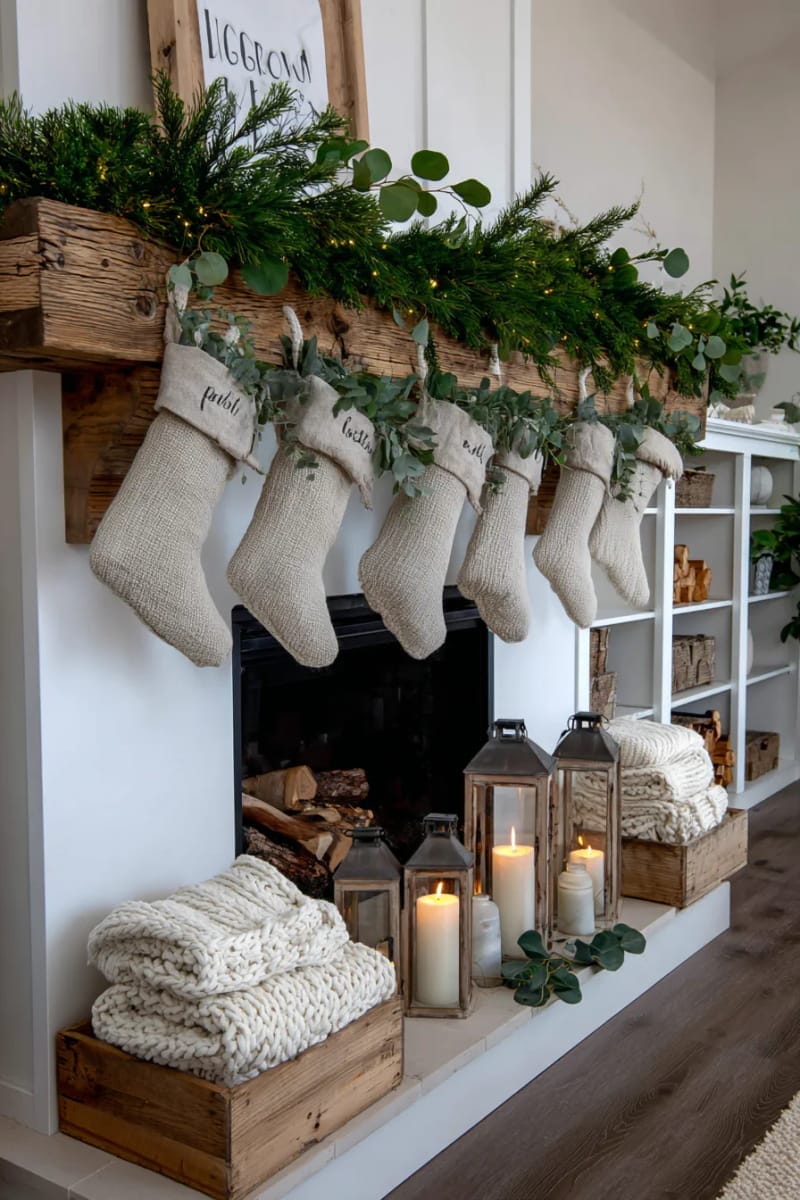 29 Stylish Christmas Mantle Decor Ideas to Inspire Your Home 20 farmhouse-style greenery with burlap stockings and chunky knit blankets 1