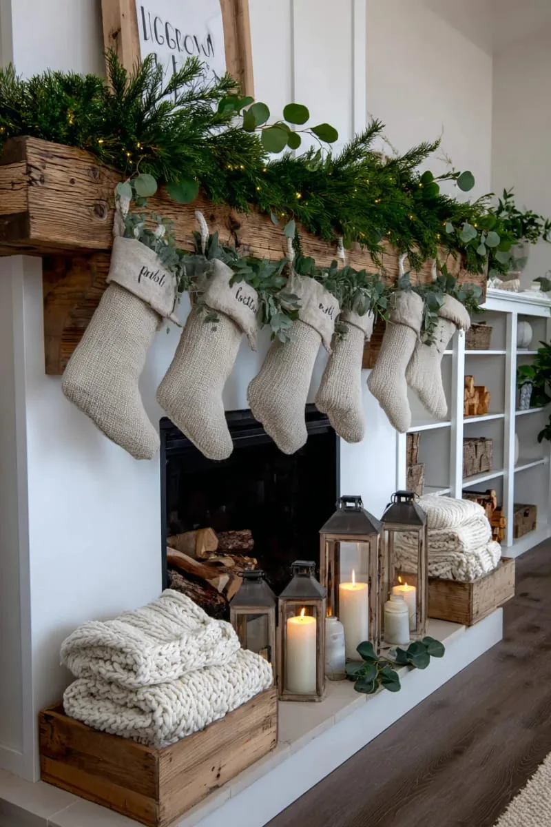 farmhouse-style greenery with burlap stockings and chunky knit blankets 1