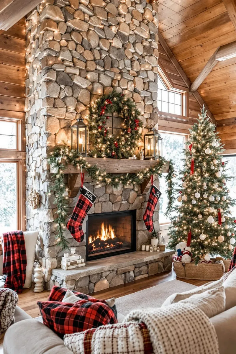 farmhouse-style lanterns and plaid stockings beside birch logs 1