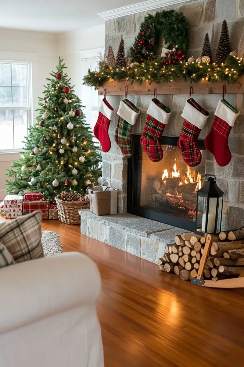 farmhouse-style lanterns and plaid stockings beside birch logs 1