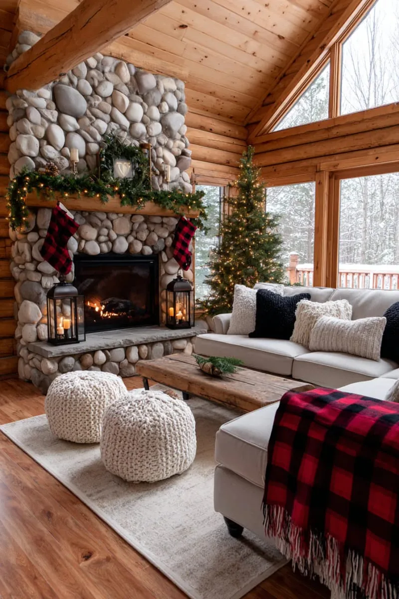 farmhouse-style lanterns and plaid stockings beside birch logs 1