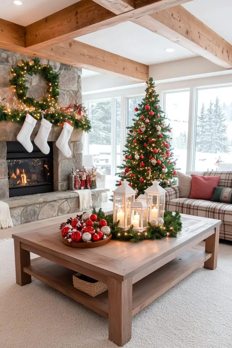 29 Elegant Christmas Party Decor Ideas to Copy This Year 52 farmhouse style lanterns filled with miniature ornaments and fairy lights 1