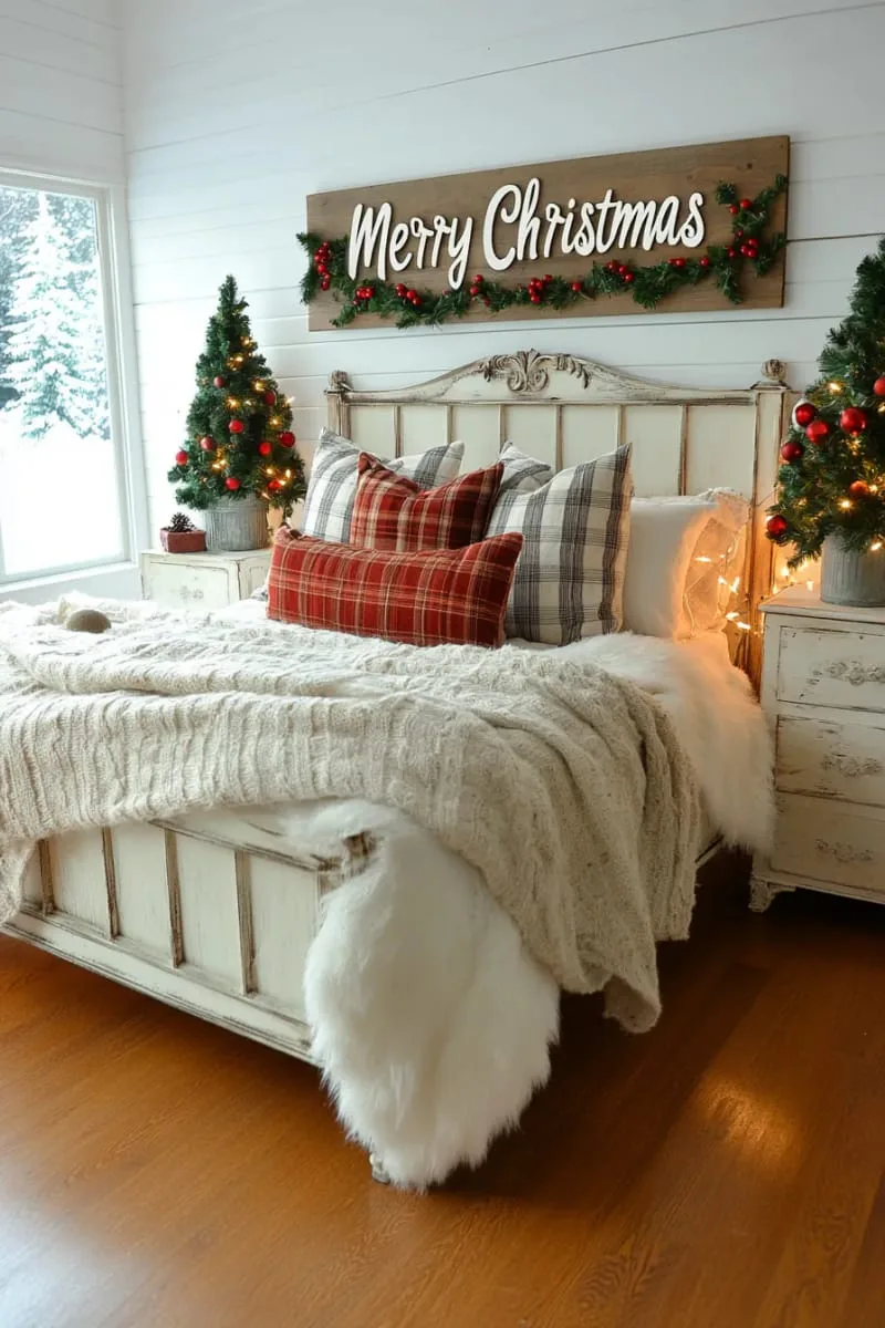 farmhouse-style sign with “merry christmas” above the headboard 1