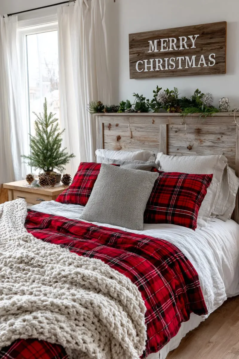 farmhouse-style sign with “merry christmas” above the headboard 1