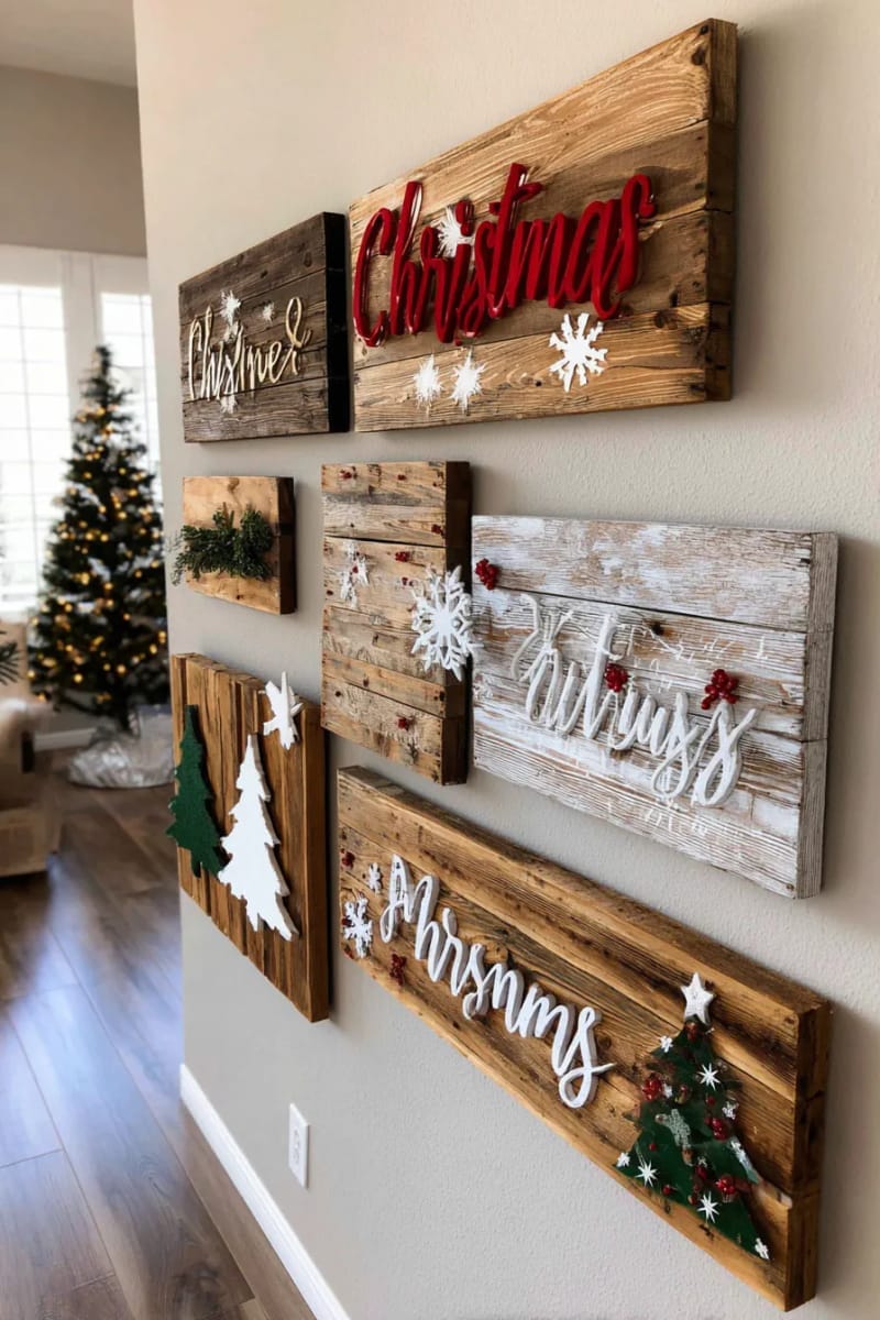 farmhouse-style wooden signs with hand-painted christmas phrases 1