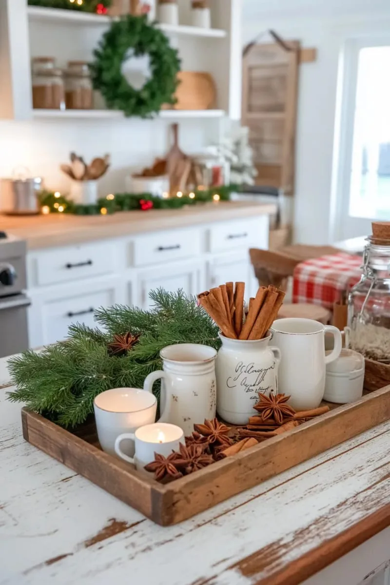29 Creative Christmas Kitchen Decor Ideas You'll Absolutely Love 32 farmhouse tray with cinnamon sticks and dried orange slices 1