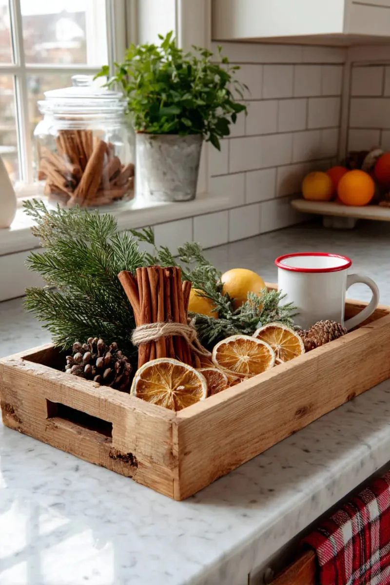 29 Creative Christmas Kitchen Decor Ideas You'll Absolutely Love 33 farmhouse tray with cinnamon sticks and dried orange slices 1