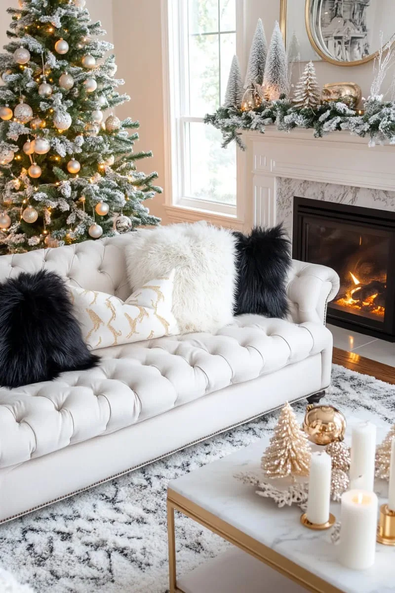 faux black fur throw pillows on a neutral christmas living room sofa 1