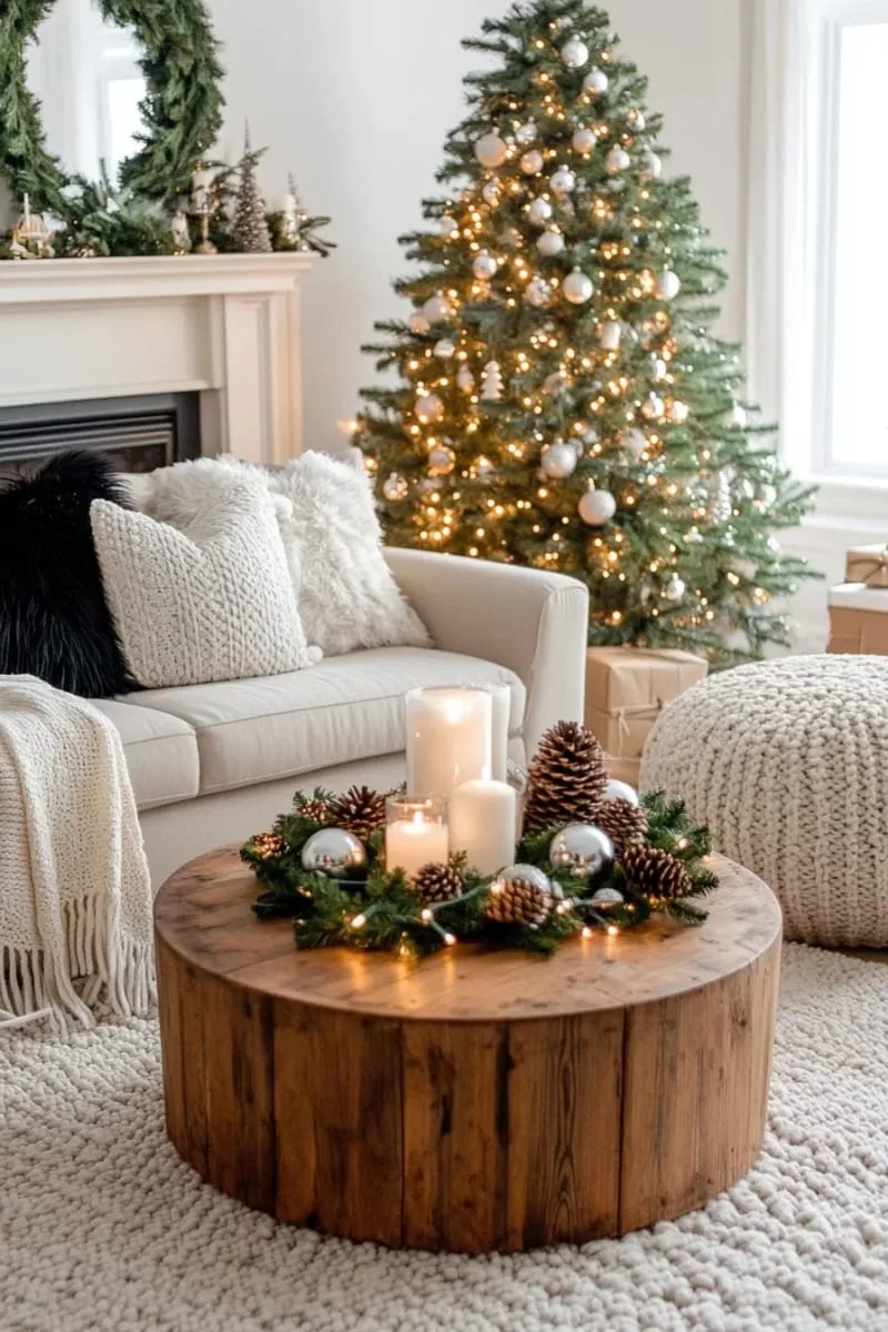 faux black fur throw pillows on a neutral christmas living room sofa 1