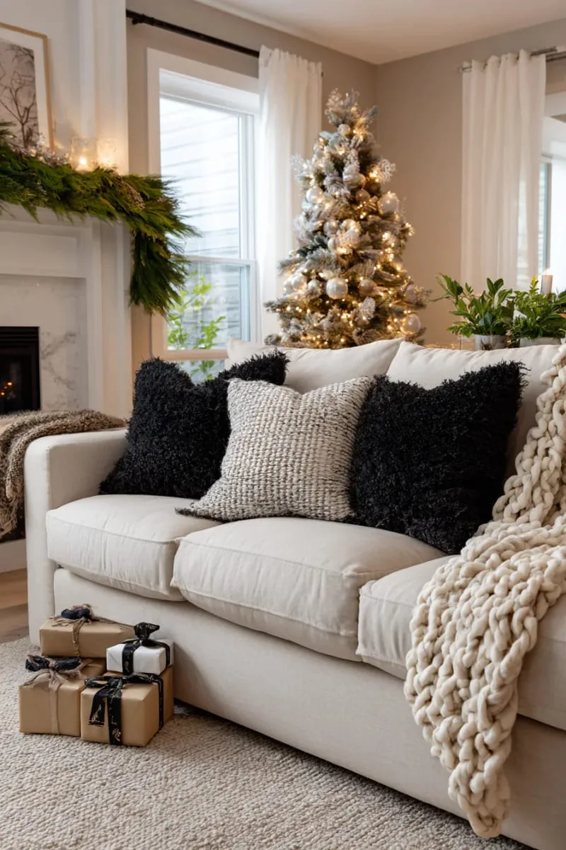 faux black fur throw pillows on a neutral christmas living room sofa 1