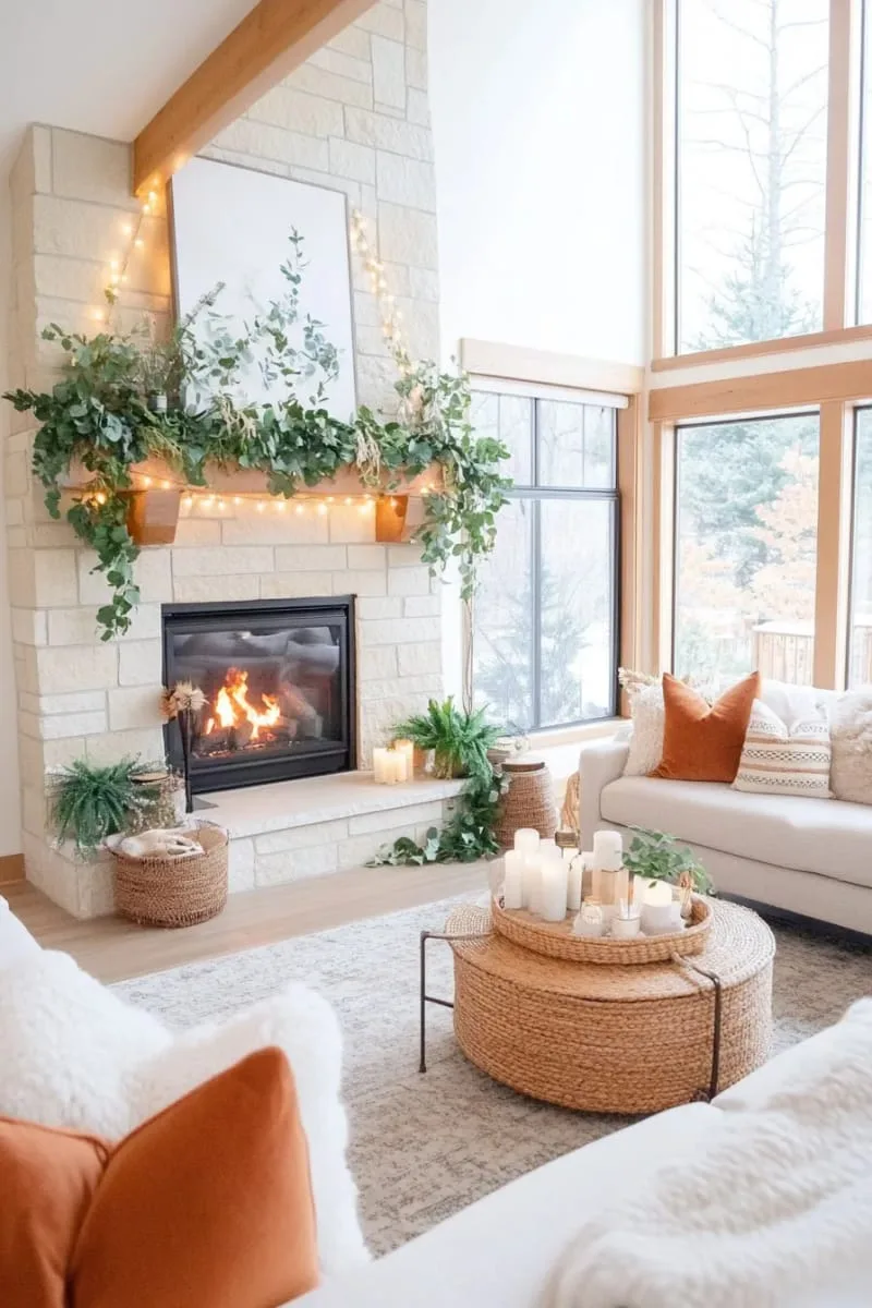 faux fireplace mantel decked in lush greenery and twinkling string lights 1