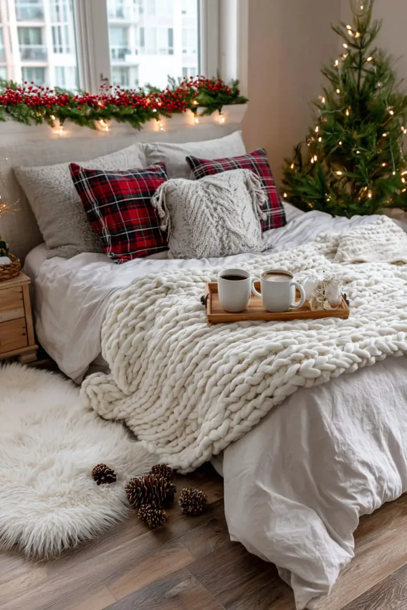 faux fur rug beside the bed for a wintery, warm touch 1