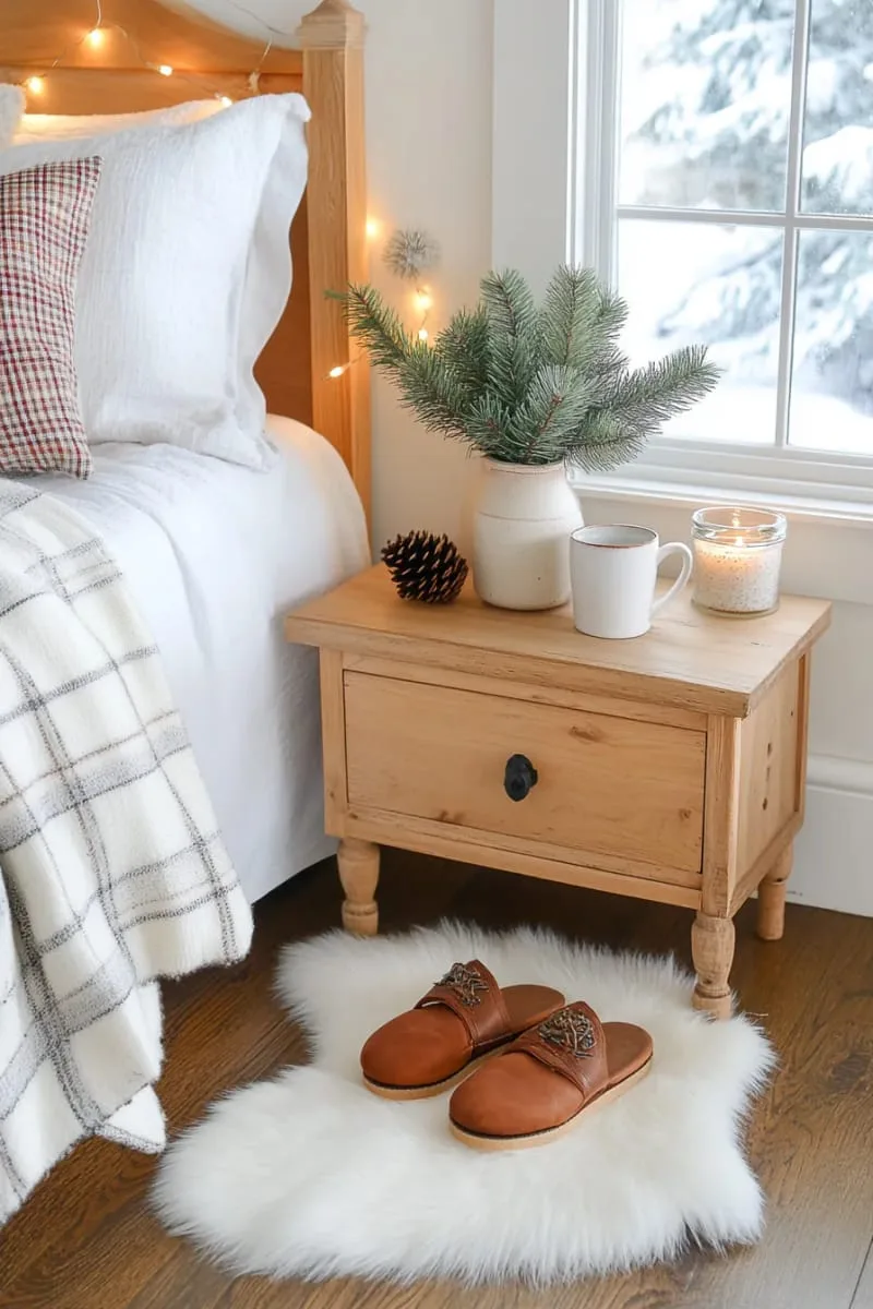 faux fur rug beside the bed for a wintery, warm touch 1