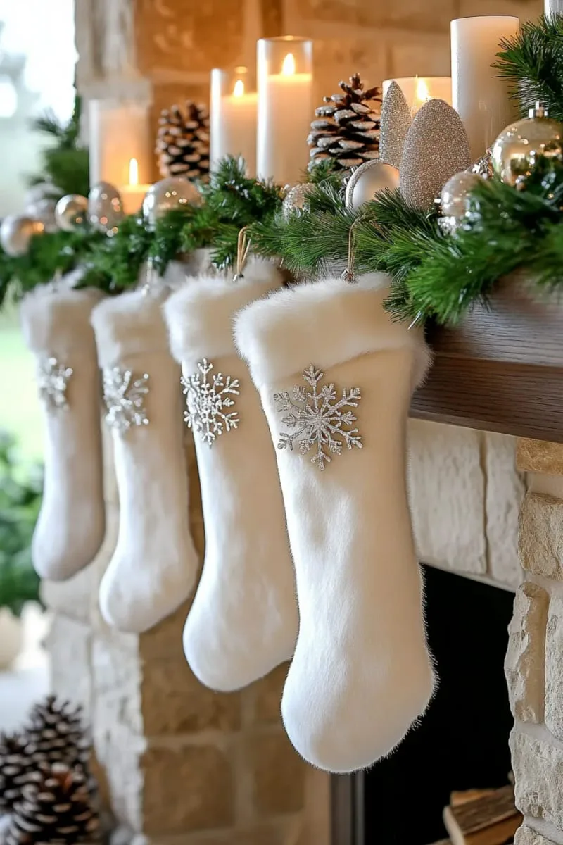 faux fur stockings with sparkling snowflake brooches 1