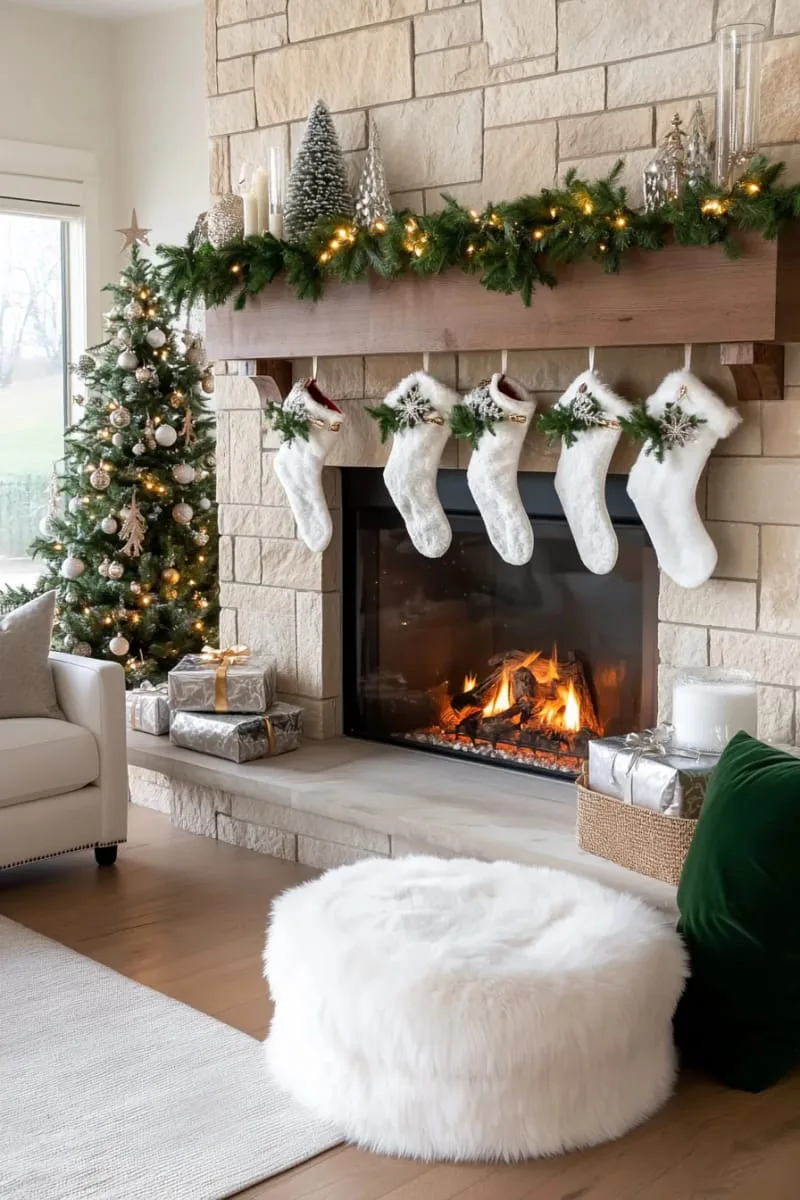 faux fur stockings with sparkling snowflake brooches 1