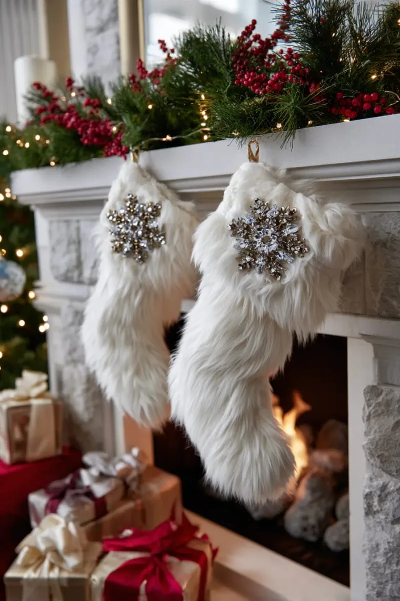 faux fur stockings with sparkling snowflake brooches 1