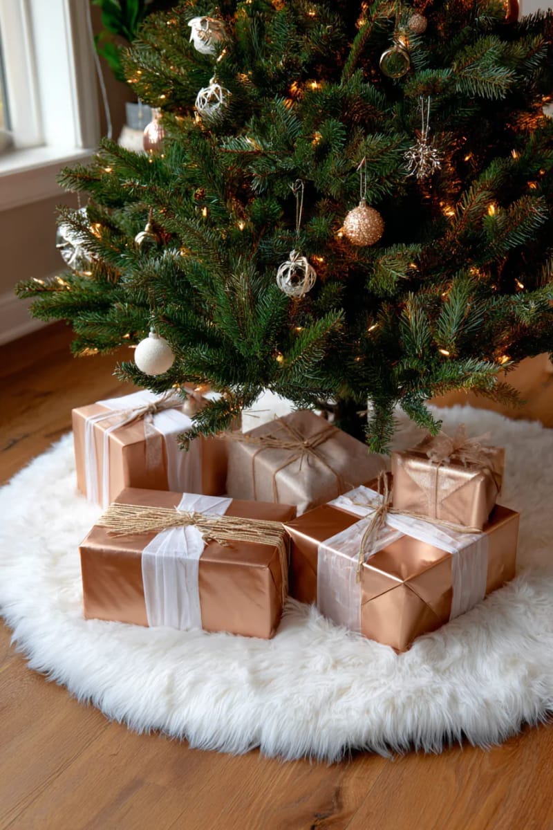faux fur tree skirt paired with copper-wrapped gifts for cozy chic vibes 1