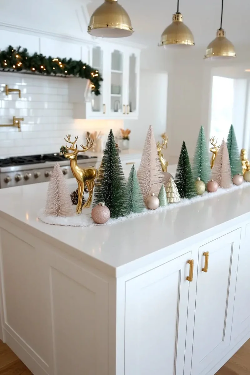 faux snow blanket under bottle brush trees and reindeer figurines 1