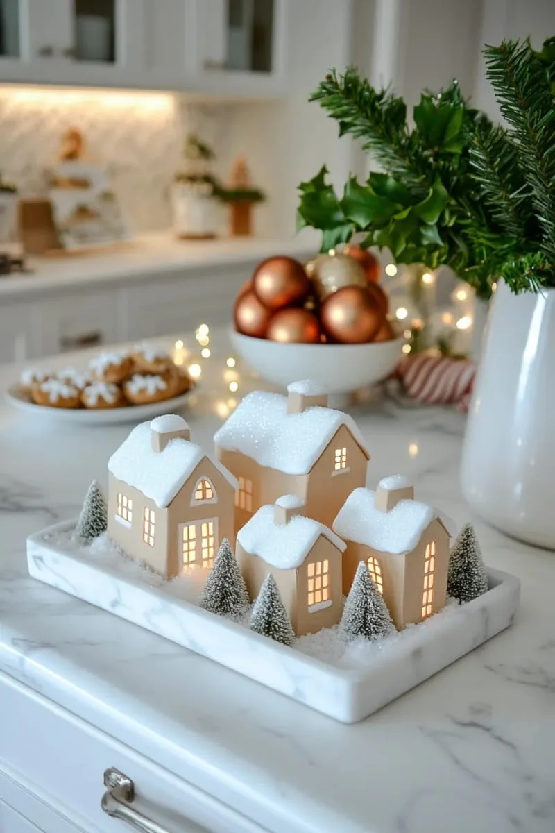 23 Christmas Countertop Decor Ideas Guests Can’t Stop Talking About 89 faux snow-covered tray with tiny houses and twinkling lights 1