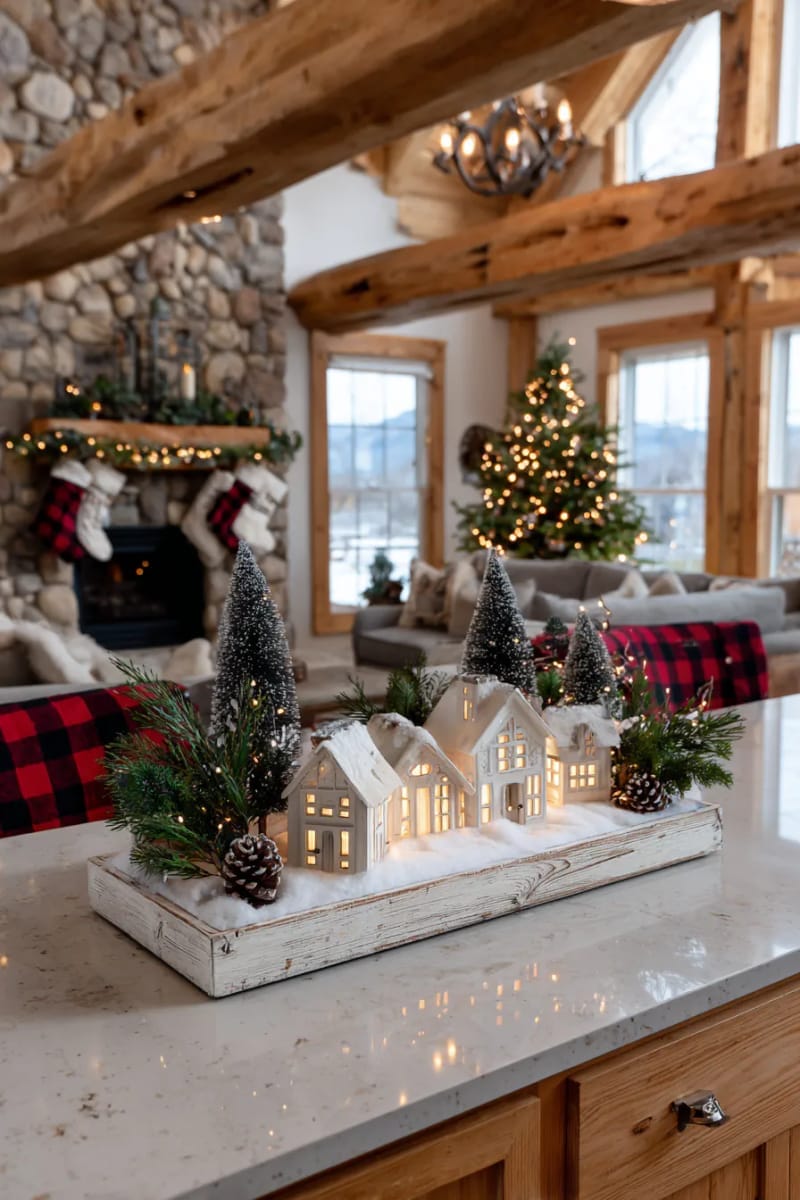 23 Christmas Countertop Decor Ideas Guests Can’t Stop Talking About 57 faux snow-covered tray with tiny houses and twinkling lights 1