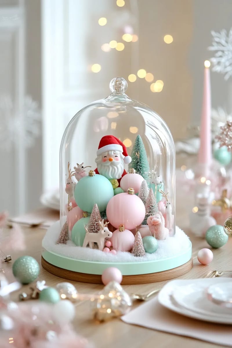 23 Kitsch Christmas Decor Ideas Full of Color, Whimsy, and Cheer 50 faux snow, pastel baubles, and kitsch figurines in a glass cloche 1