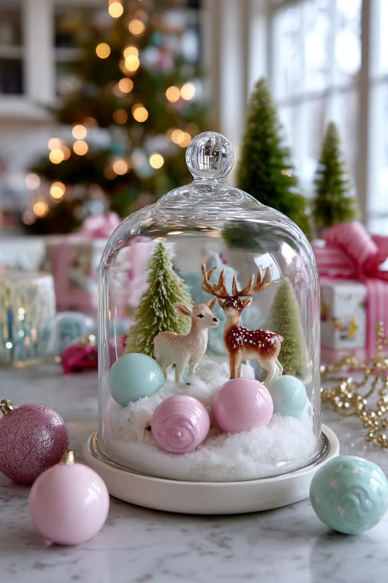 23 Kitsch Christmas Decor Ideas Full of Color, Whimsy, and Cheer 51 faux snow, pastel baubles, and kitsch figurines in a glass cloche 1