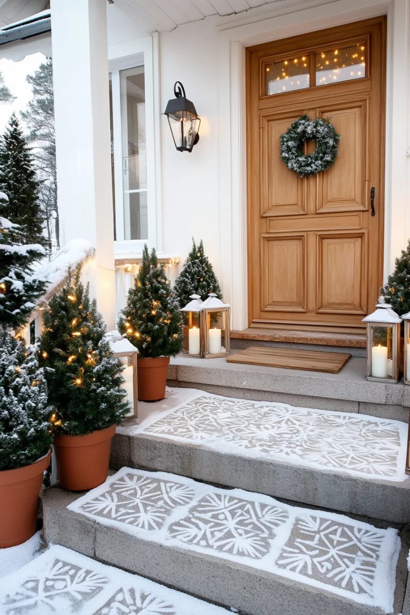 faux snowflakes stenciled on the pathway leading to the front door 1