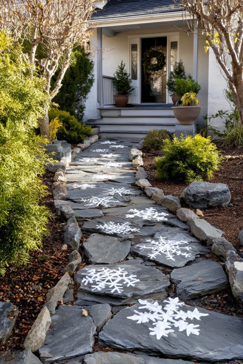 faux snowflakes stenciled on the pathway leading to the front door 1
