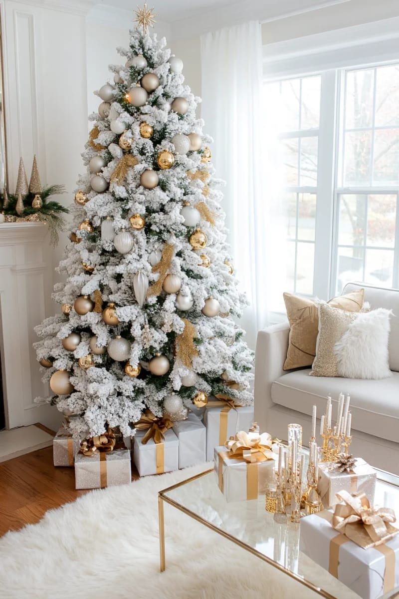 feature a statement flocked tree with oversized gold and silver ornaments 1