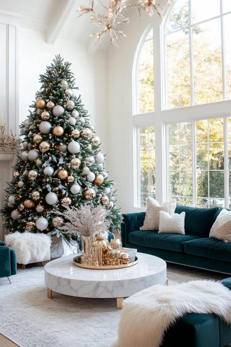 feature a statement flocked tree with oversized gold and silver ornaments 1