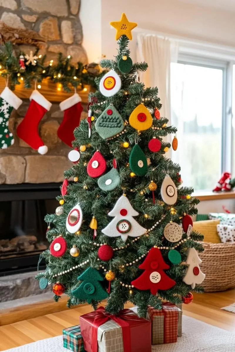 felt christmas tree shapes with button “ornaments” sewn on 1