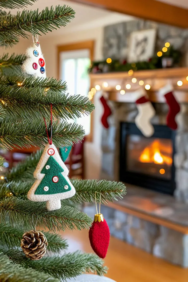 felt christmas tree shapes with button “ornaments” sewn on 1