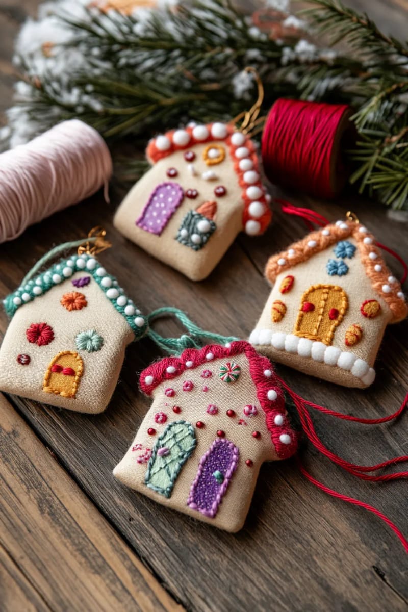 felt gingerbread house ornaments with embroidered candy details 1