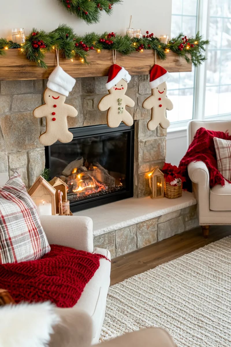 27 Unique Homemade Christmas Decorations You'll Love 11 felt gingerbread man garland strung across a rustic fireplace mantel 1