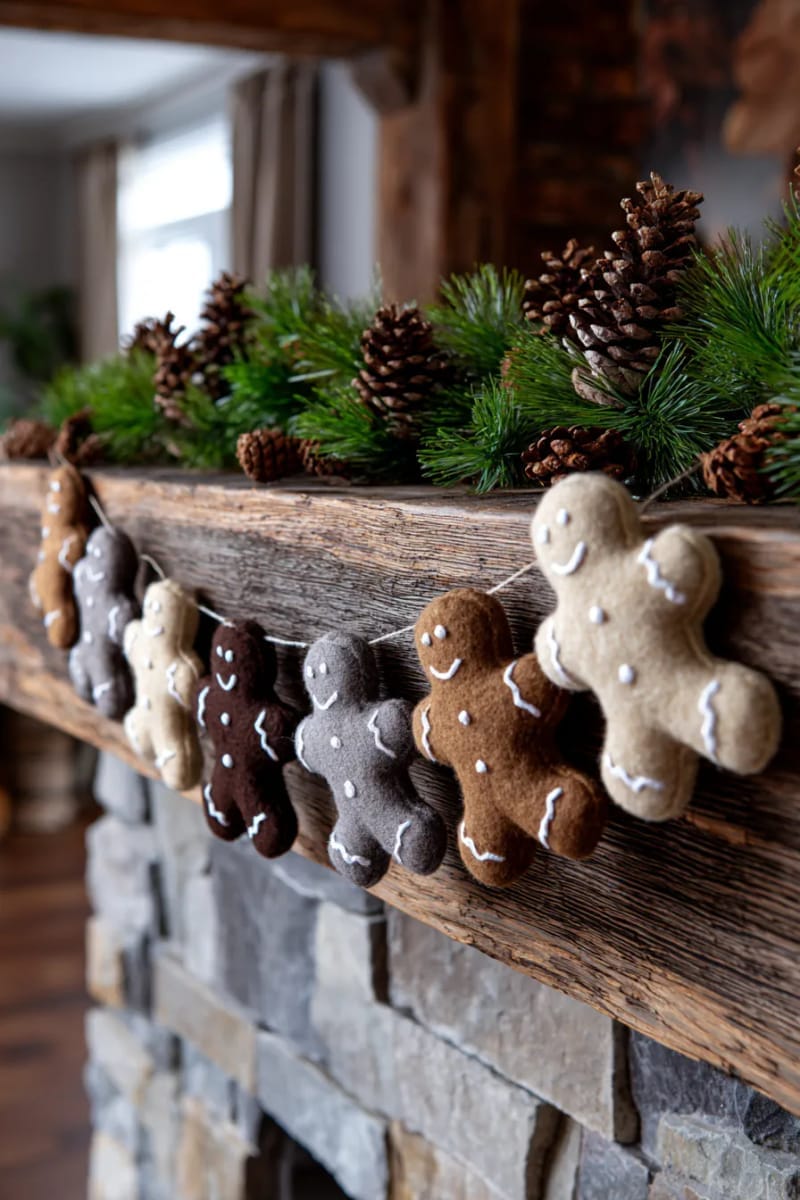 27 Unique Homemade Christmas Decorations You'll Love 14 felt gingerbread man garland strung across a rustic fireplace mantel 1