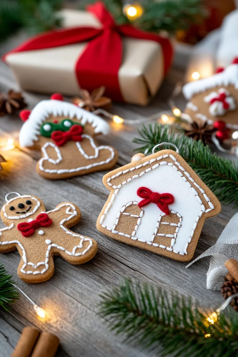27 Stunning Christmas Decoration Crafts for a Unique 2025 28 felt gingerbread men and house ornaments with white stitching 1
