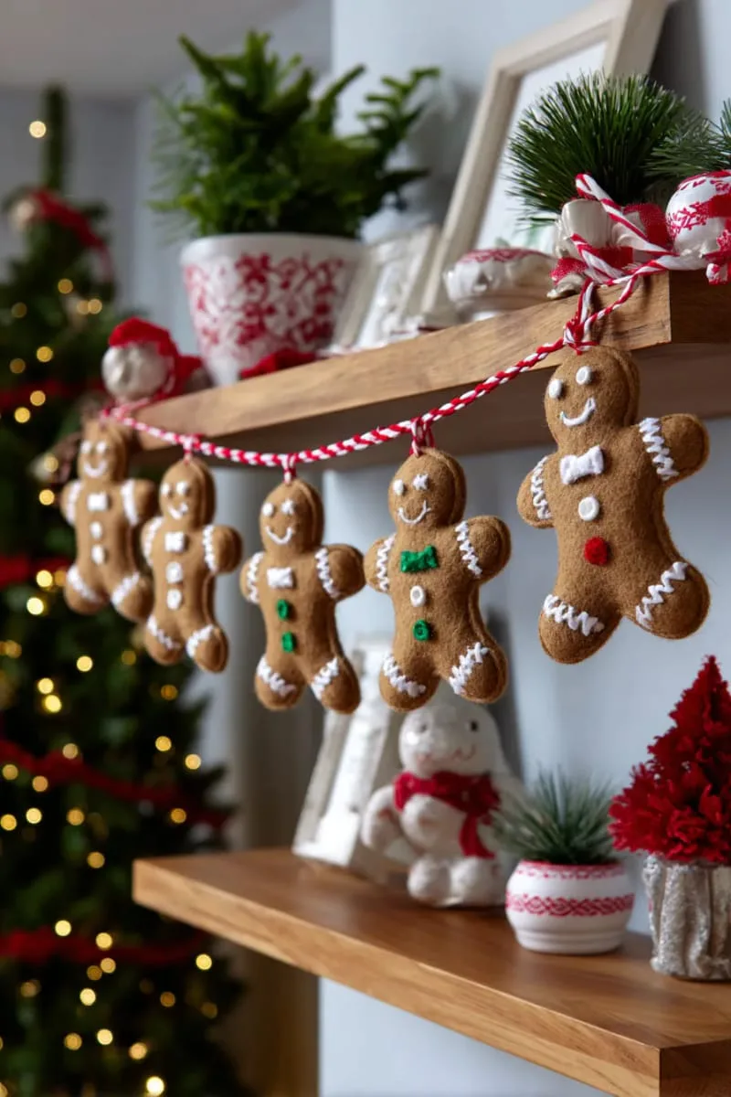 felt gingerbread men garland with mini candy cane accents 1