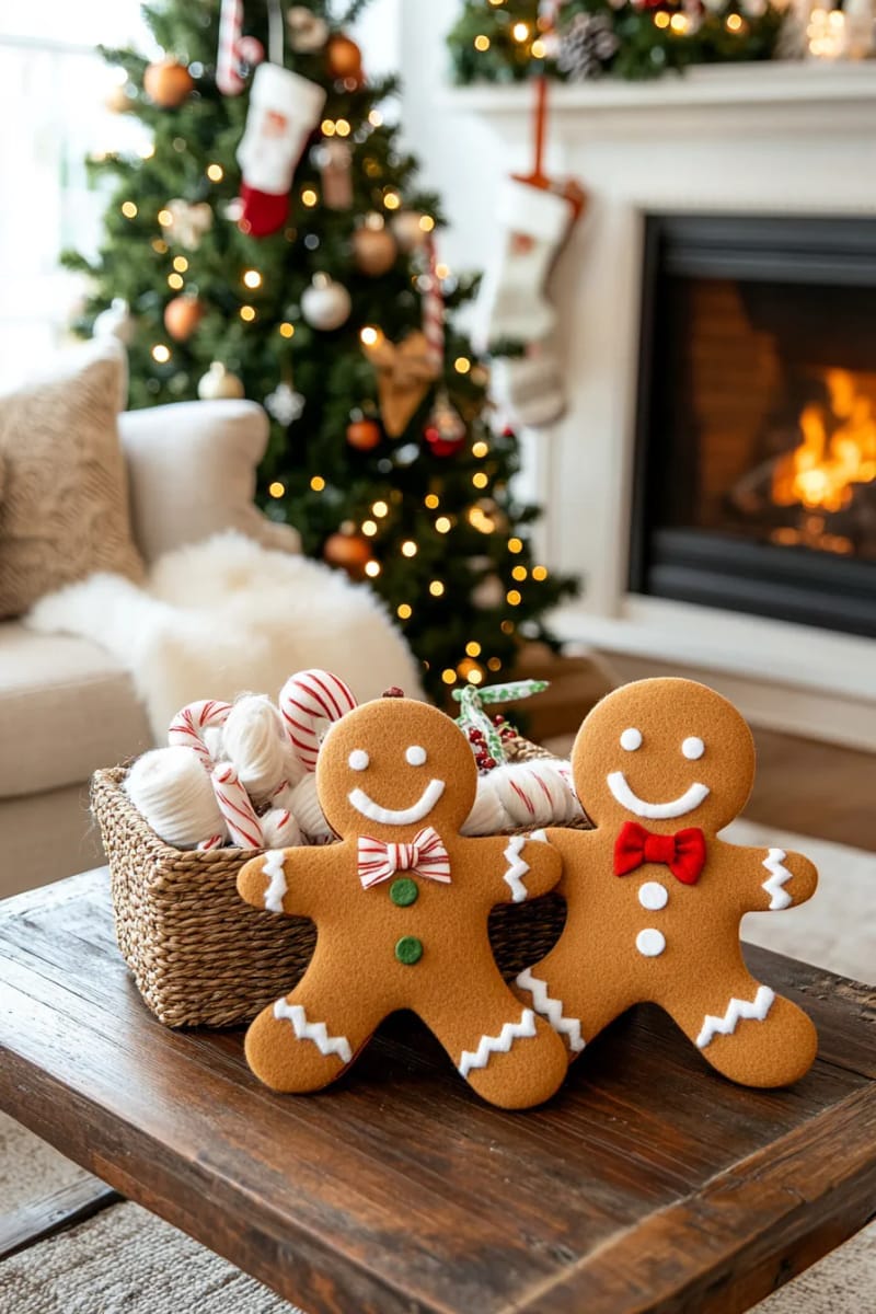 27 Unique Christmas Craft Decorations for Inspired Homes 29 felt gingerbread men with stitched buttons and candy-cane bows 1
