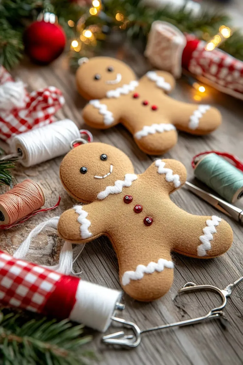 felt gingerbread men with stitched icing details and button eyes 1