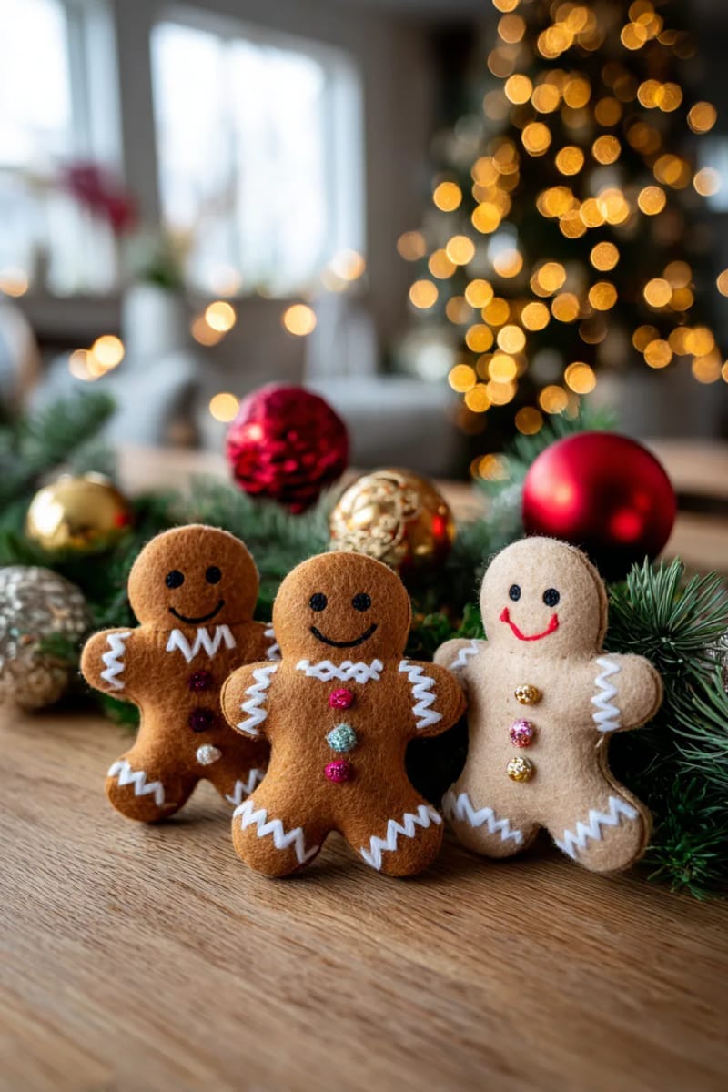 felt gingerbread men with stitched icing details and button eyes 1