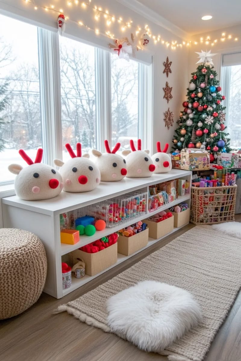 felt reindeer faces with googly eyes and bright red pom-pom noses 1