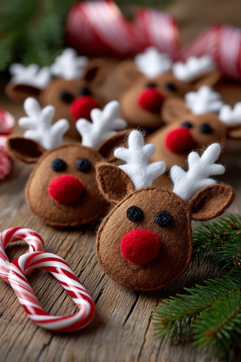 felt reindeer faces with googly eyes and bright red pom-pom noses 1