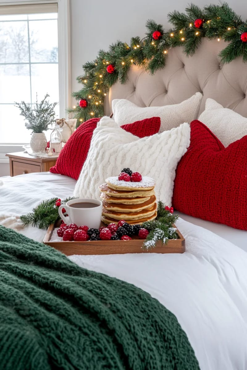 festive breakfast in bed: pancakes, berries, and pine garlands overhead 1