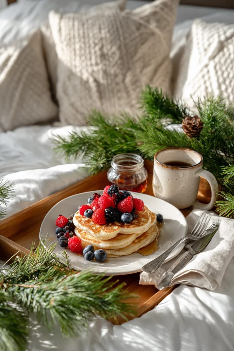 festive breakfast in bed: pancakes, berries, and pine garlands overhead 1