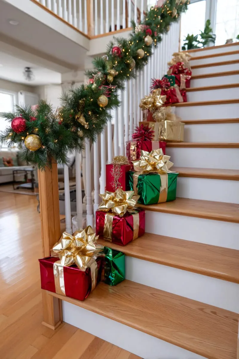 29 Elegant Christmas Party Decor Ideas to Copy This Year 108 festive garland staircase lined with wrapped faux presents and gold ribbons 1