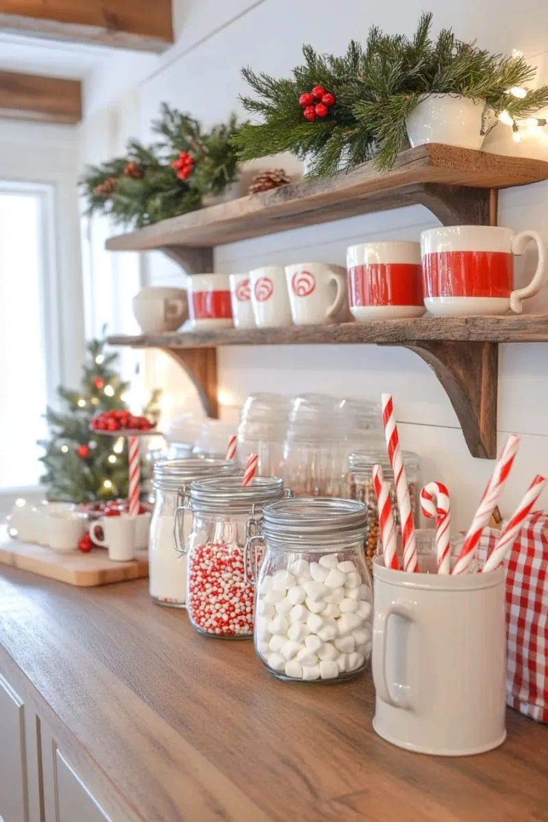 23 Christmas Countertop Decor Ideas Guests Can’t Stop Talking About 93 festive hot cocoa station with jars of toppings and striped straws 1