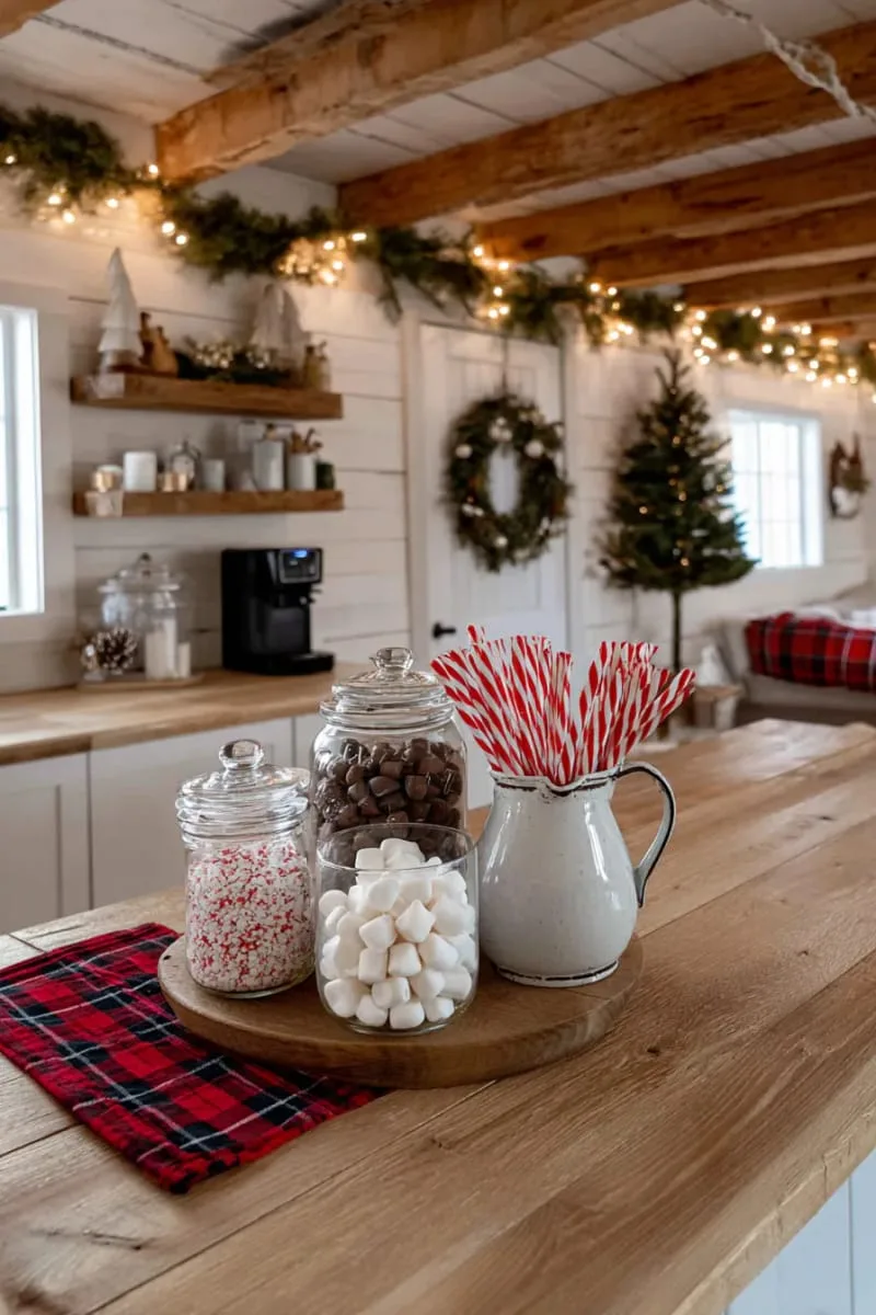 23 Christmas Countertop Decor Ideas Guests Can’t Stop Talking About 94 festive hot cocoa station with jars of toppings and striped straws 1