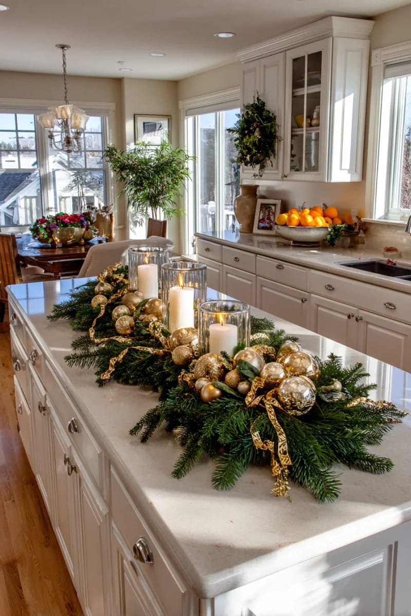 23 Christmas Kitchen Island Decor Ideas That Bring Instant Holiday Charm 17 festive island with gold baubles, greenery, and glowing pillar candles 1