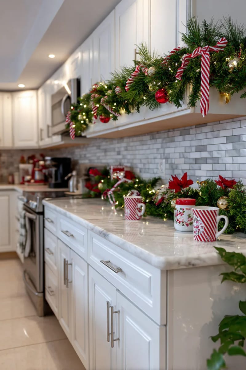 festive kitchen cabinets wrapped in garland and candy cane accents 1