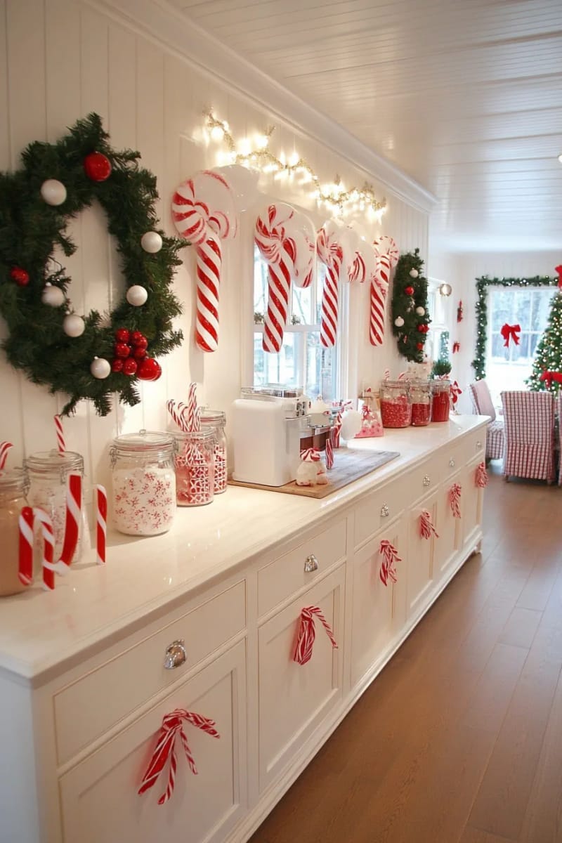 festive kitchen cabinets wrapped in garland and candy cane accents 1